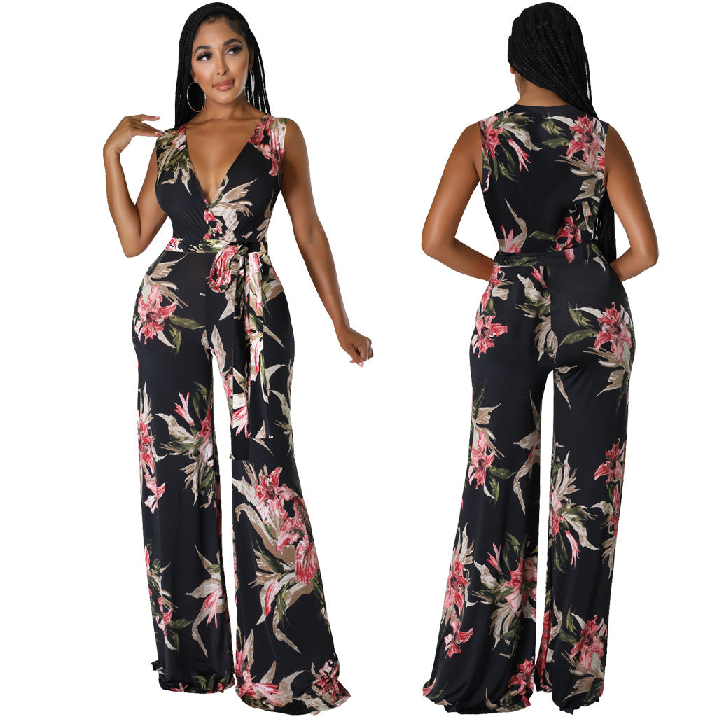 Sexy Fashion Printing V-Neck Wide Leg Women's Jumpsuit 3