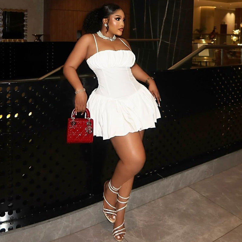 Fashion Solid Color Sexy Sleeveless Straps Slim Waist Short Bud Dress