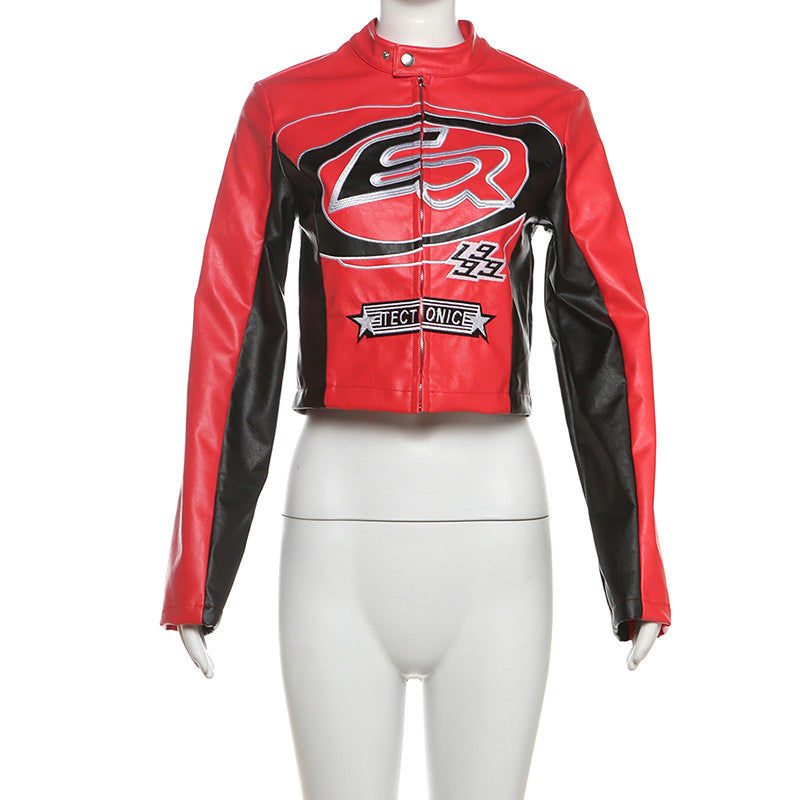 Autumn Winter Sexy Zipper Top Contrast Embroidery Short Fashion Jacket 6