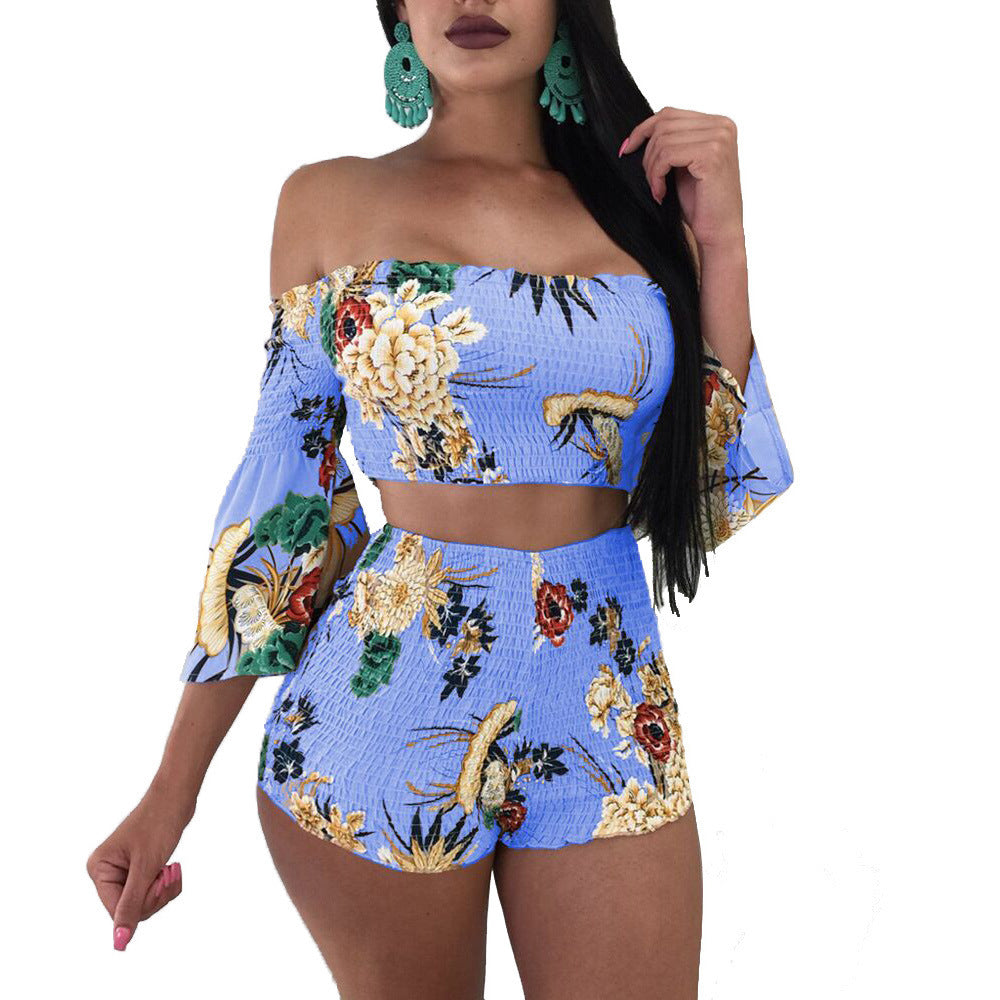 Women's Fashion Print Off Shoulder Bell Bottom Sleeve Two-Piece Set 11