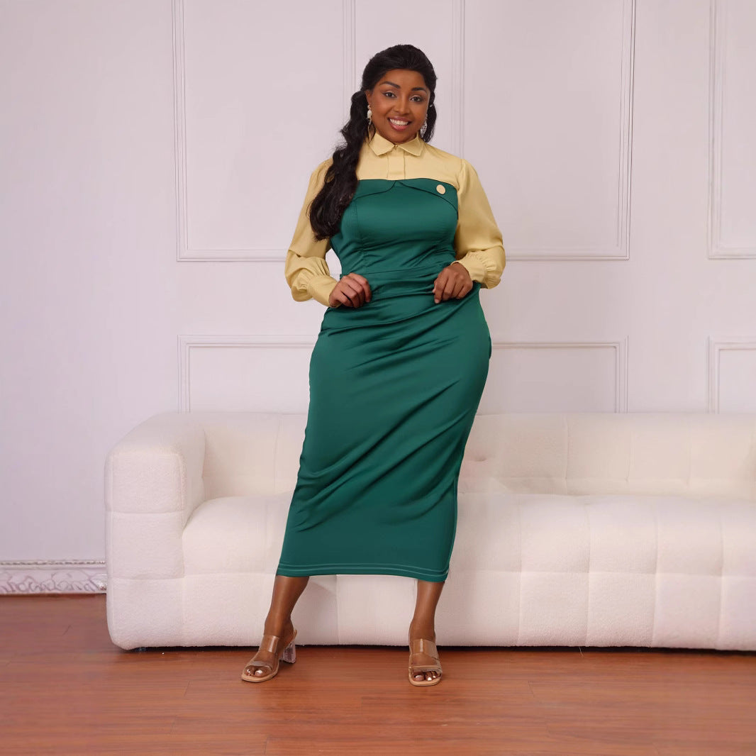 Plus Size Women Elegant Patchwork Contrast Button Bodycon Dress