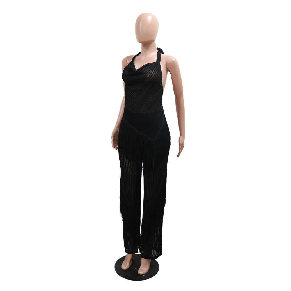 Women Halter Neck lace-up sleeveless Backless Top and sexy tassel trousers 13