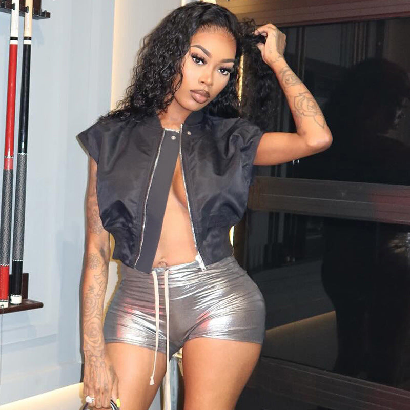 Women's Spring/Summer Stand Collar Button Zipper Slim Waist Solid Color Top 3