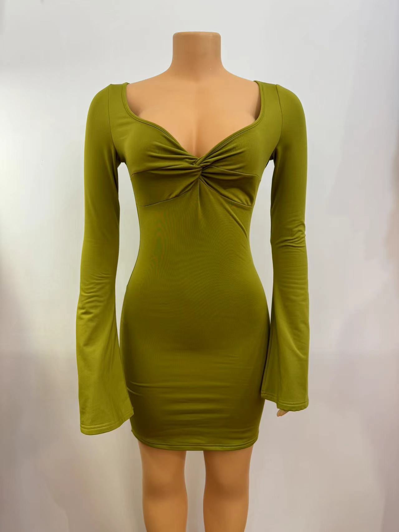 Women U Neck Bell Bottom Long Sleeve Bodycon Solid Pleated Dress 4