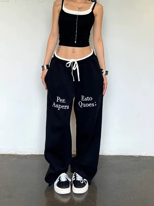 Color Contrast Patchwork Waist Loose Straight Casual Pants 7