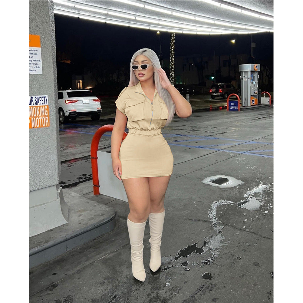 Women'S Summer Stand Collar Solid Color Zipper Short Sleeve Casual Dress 7