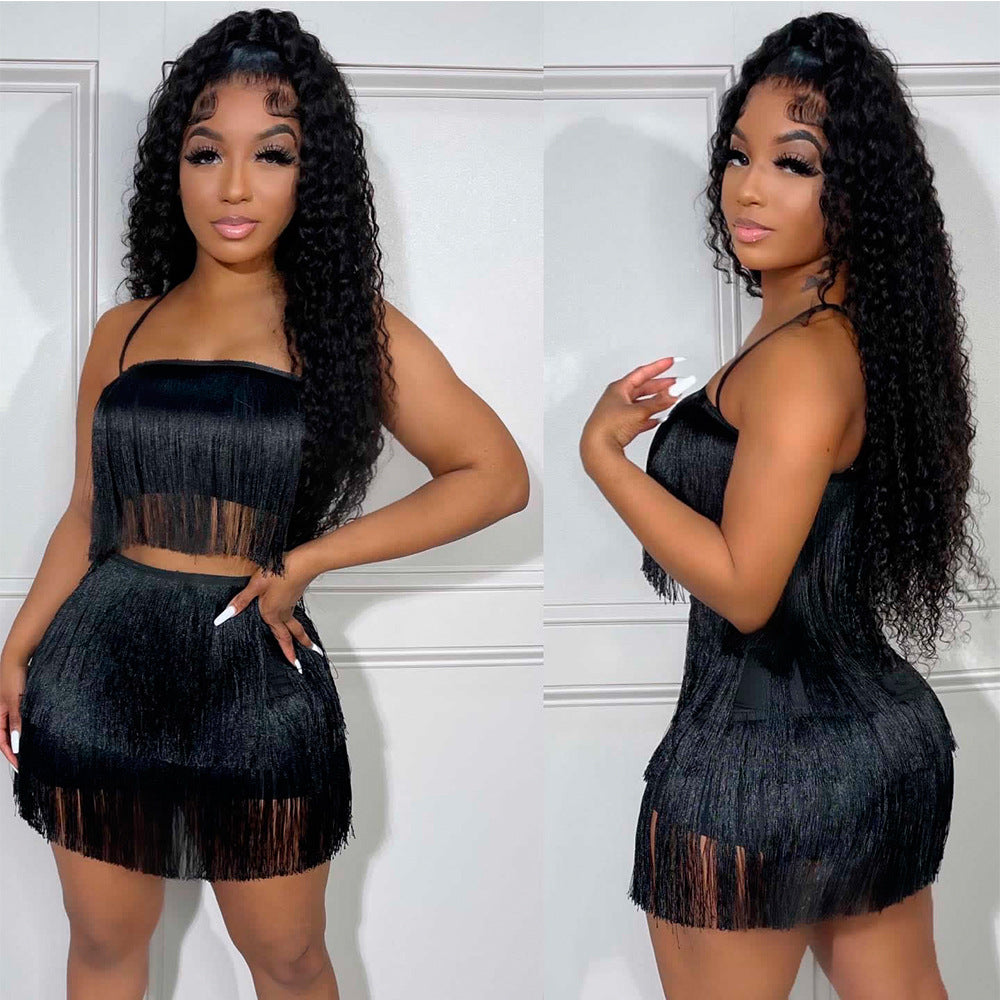 Sexy Nightclub Straps Tassel Top Short Skirt Two-Piece Set 3