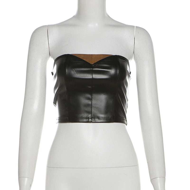 Autumn Street Fashion Pu Leather Color Matching Strapless Slim Two Piece Skirt Set 6