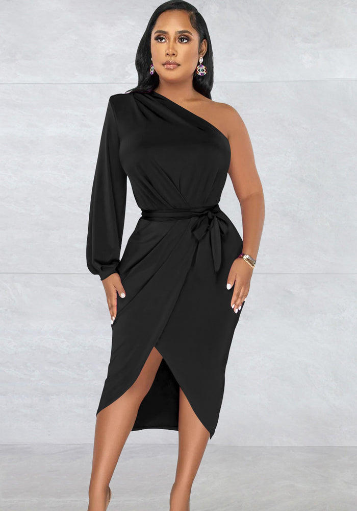 Women's Fashion Solid Color Single Long Sleeve Slash Shoulder Maxi Dress