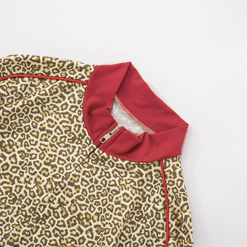 Women's Leopard Print Color Block Long Sleeve Zipper Coat Drawstring Shorts Two-Piece Set 14