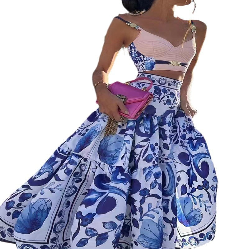 Printed Strap Top A-Lini Long Skirt Two-Piece Set 6