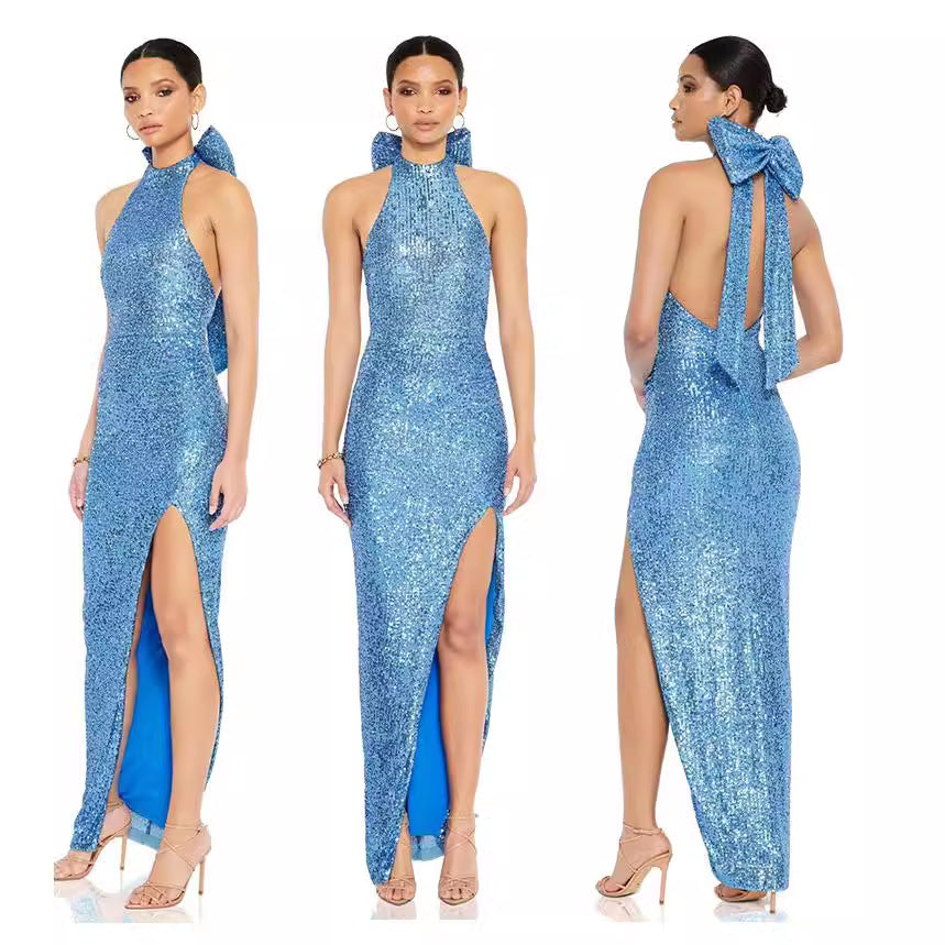 Women sequin split Halter Neck big bow Maxi Evening Dress 11