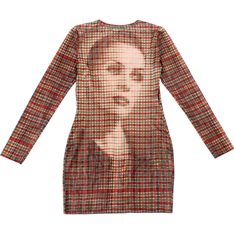 Women's Autumn Slim Fit Check Print Long Sleeve Bodycon Short Dress 10