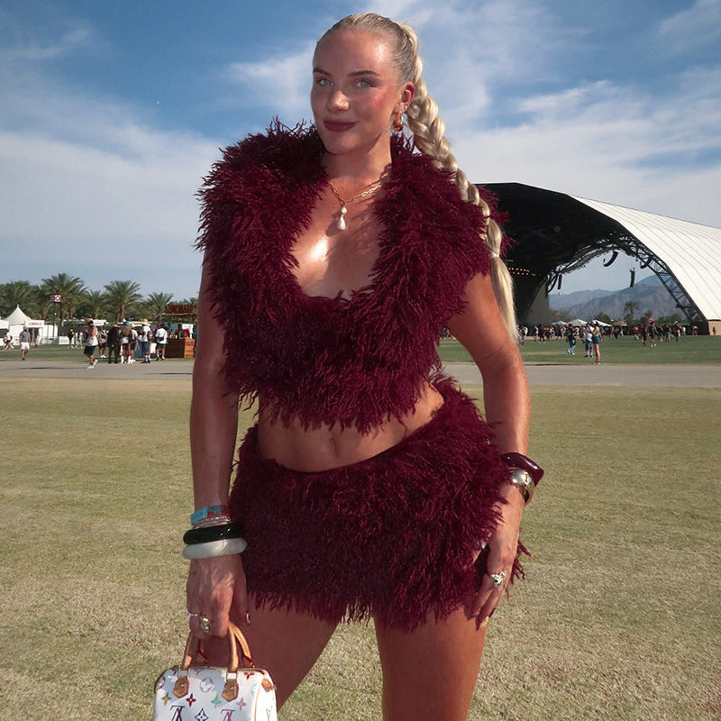 Women's Faux Fur U-Neck Hooded Low Back Top & Skirt Two-Piece Set 14