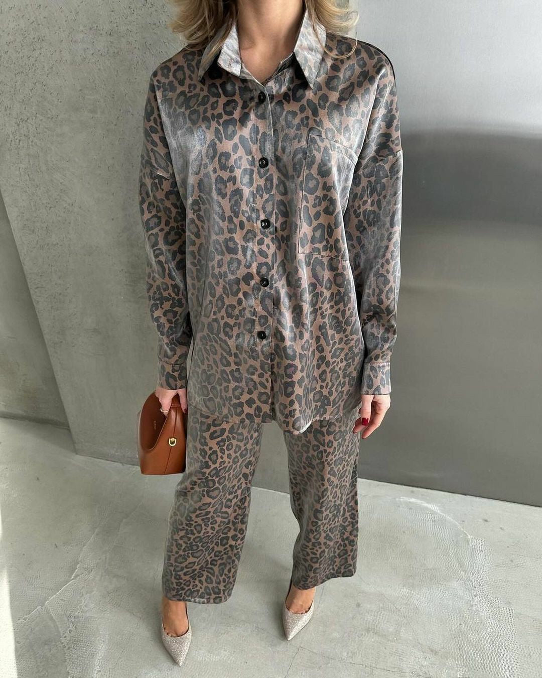 Fashion Casual Set Women Leopard Print Fall Women Long Sleeve Shirt Pants Two-Piece Set 5