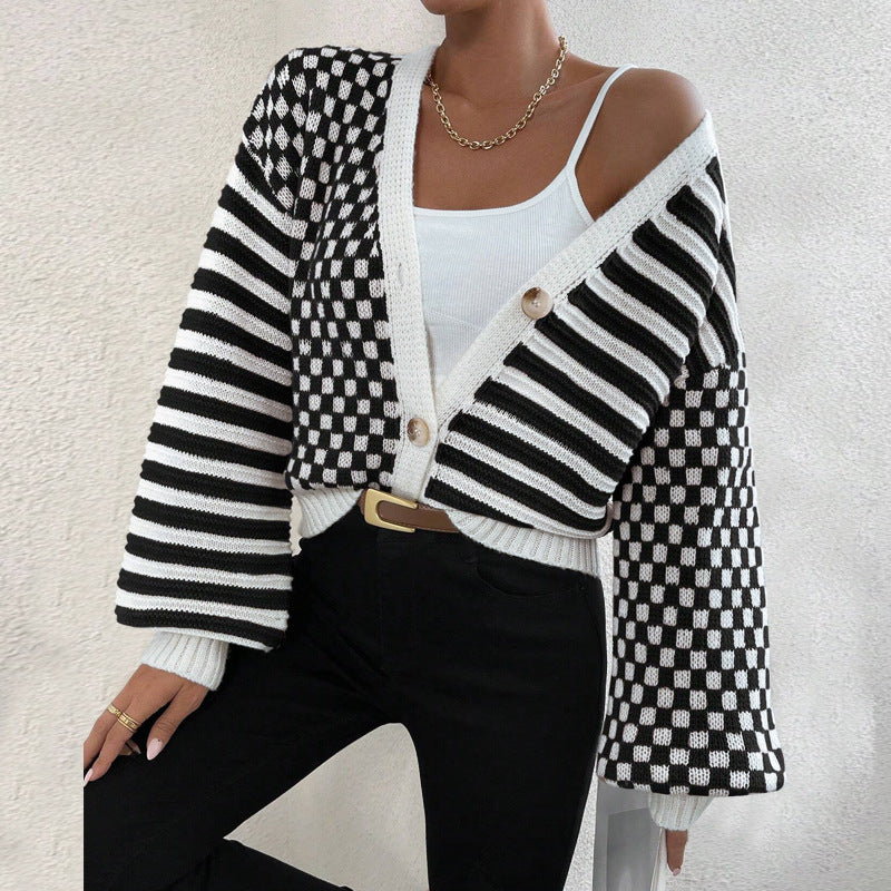 Autumn And Winter Sweater Women's Plaid Patchwork Striped Knitting Coat 4