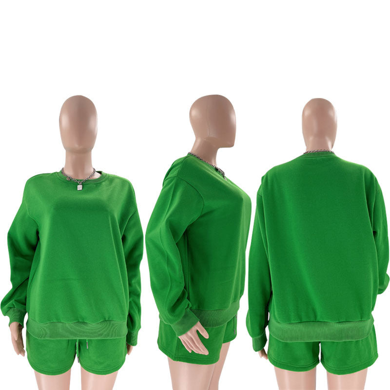 Fall Winter Solid Color Round Neck Pullover Long Sleeve Hoodies Women's Fashion Casual Shorts Two Piece Set 43