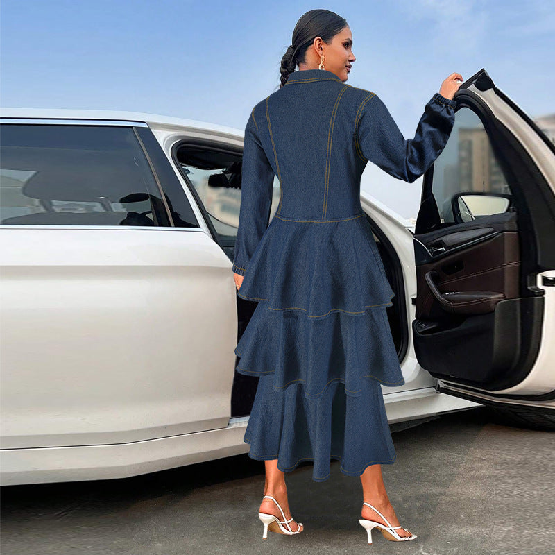 Women's Clothing Turndown Collar Long Sleeve Cascading Ruffles  Denim Long Dress 4