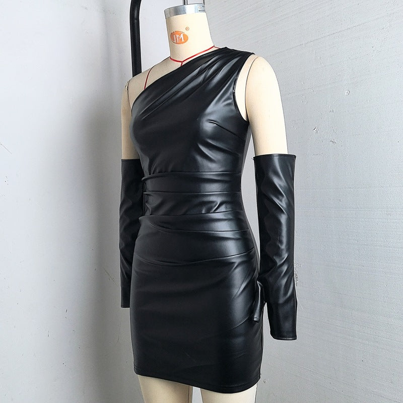 Women Pu-Leather Slash Shoulder Sleeveless Sleeve Bodycon Dress 7