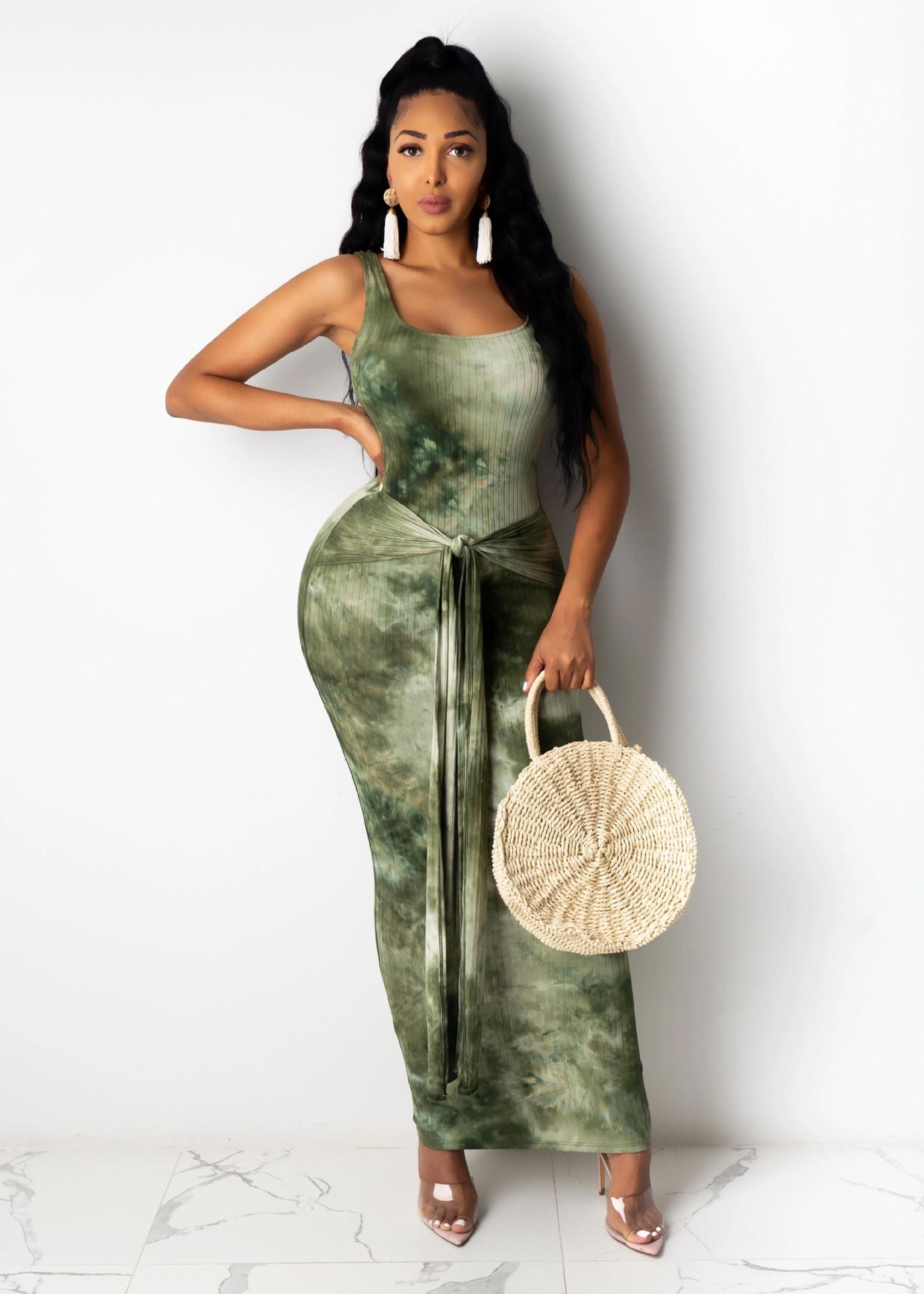 Women Ribbed Tie Dye Printed U Neck Lace-Up Dress 11