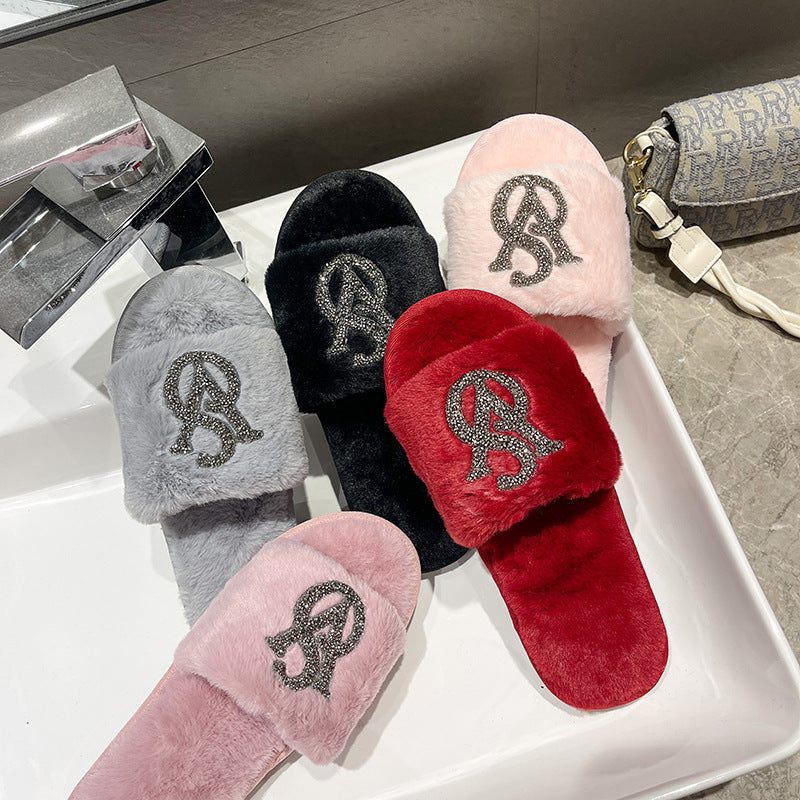 Women rhinestone furry diamond slippers 9