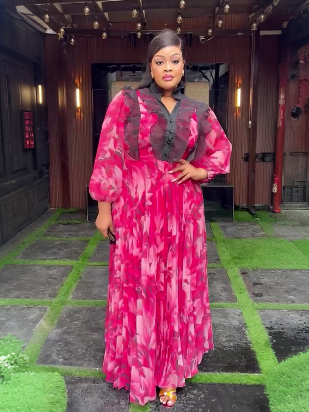 Elegant Long Dress Pleated African Plus Size Women's Print Chiffon Dress 5