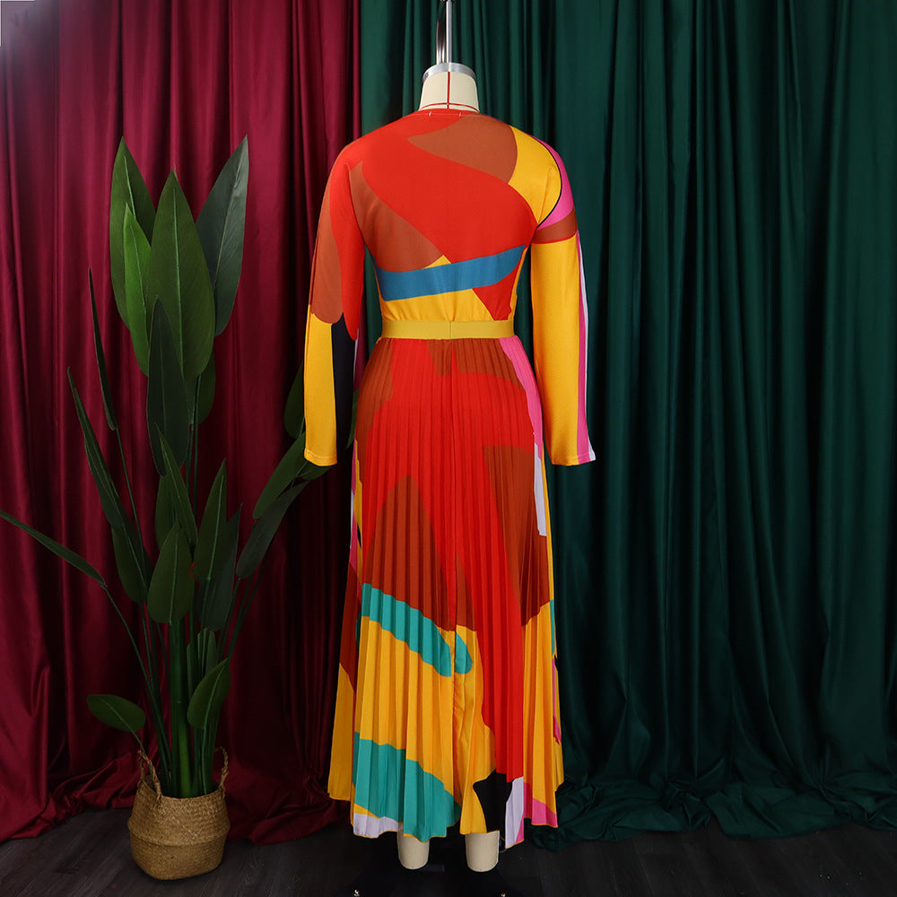 Women Autumn Pleated Print Contrast Color Long-sleeved Top and Skirt Two-Piece Set 24