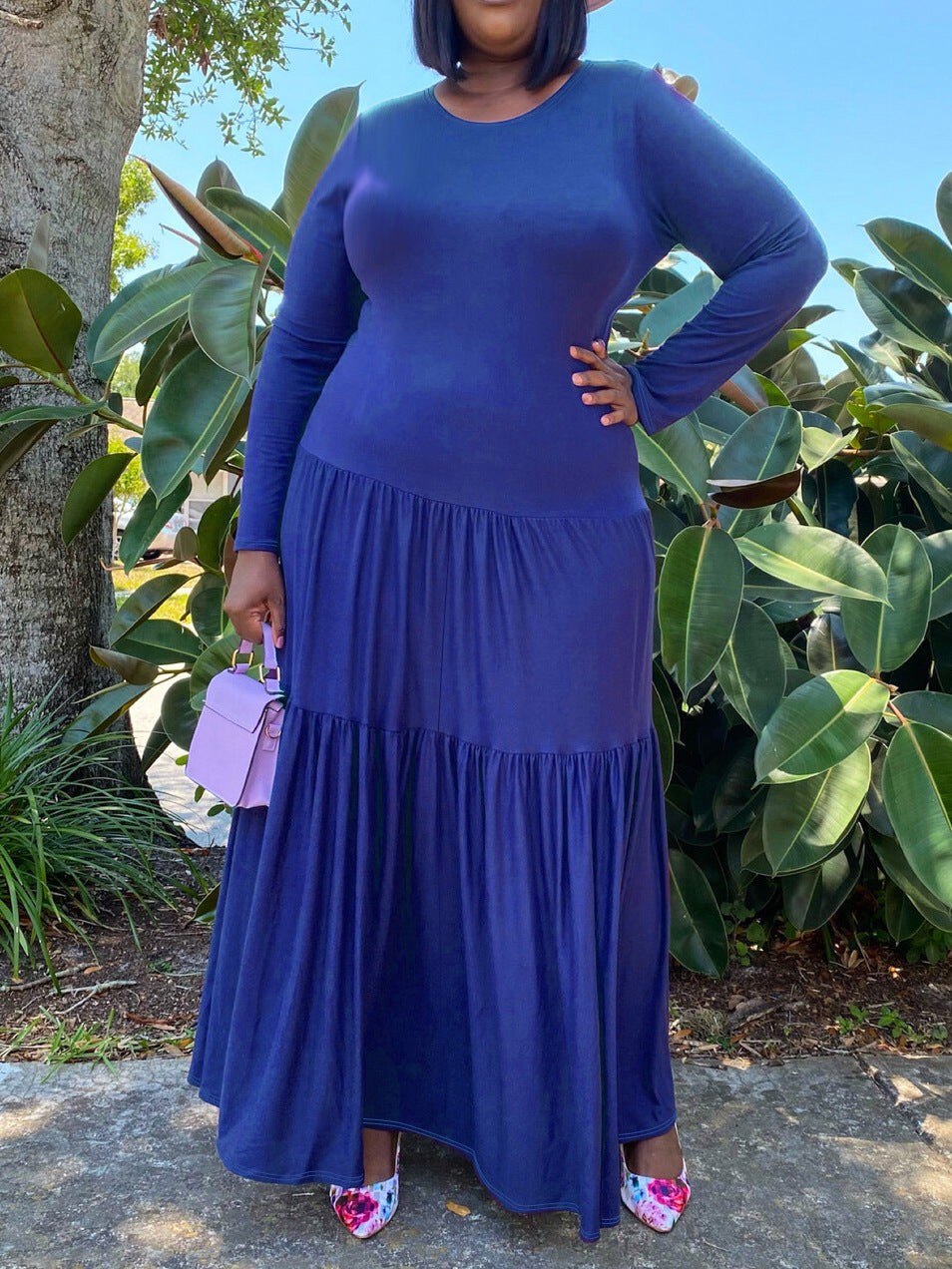 Plus Size Women Round Neck Solid Pleated Dress 5