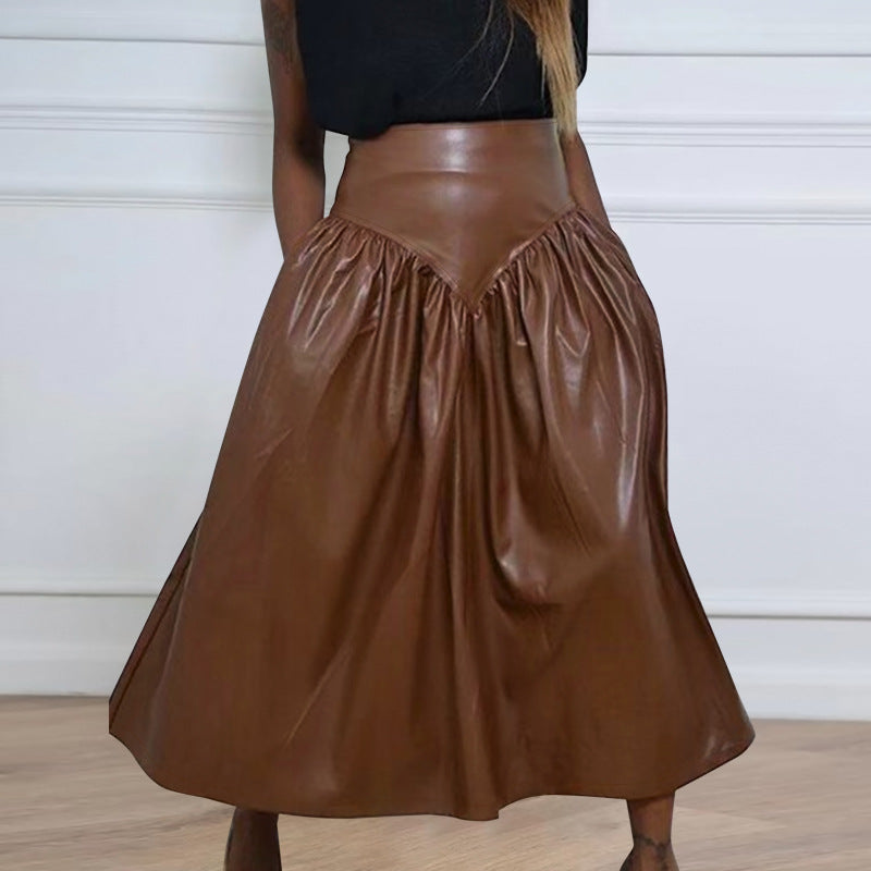 Plus Size Women's Pu Leather Patchwork Long Skirt With Pockets 4