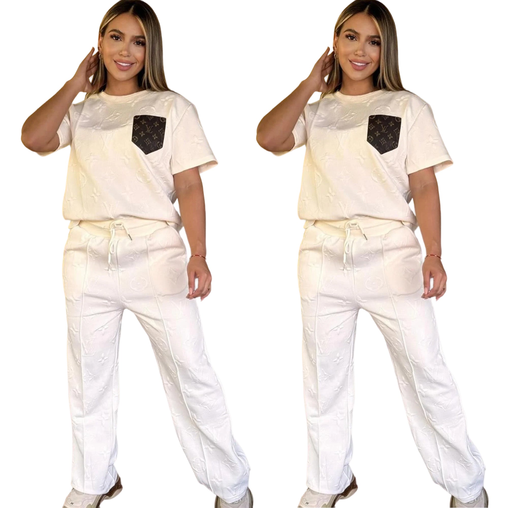 Women casual Pu-Leather pocket short-sleeved top and long pants jacquard two-piece set 11