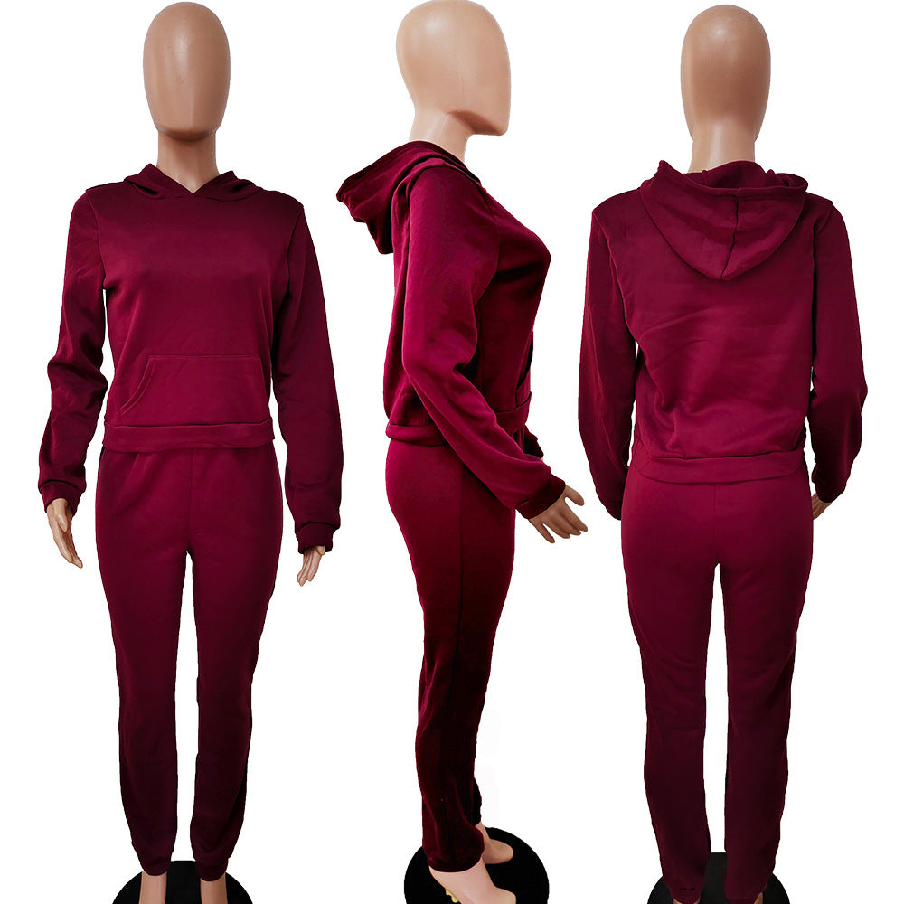 Women Fall/Winter Solid Hoodies and Pant Sport Two-Piece Set 37