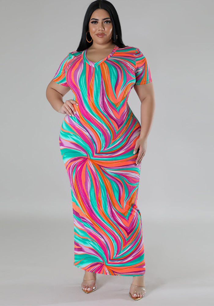 Plus Size Geometric Pattern Print Short Sleeves V-Neck Dress