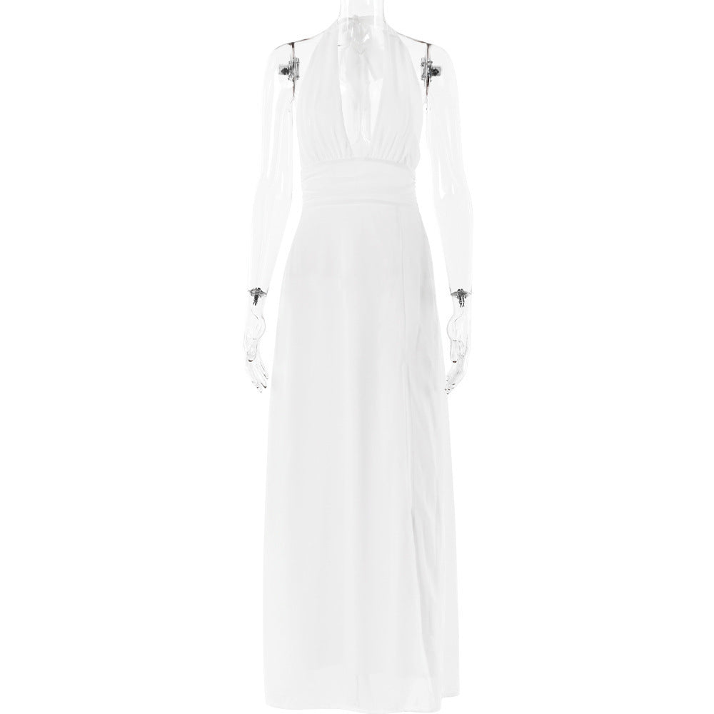 Women Summer Sexy Halter Neck V Neck Lace Backless slit dress 18