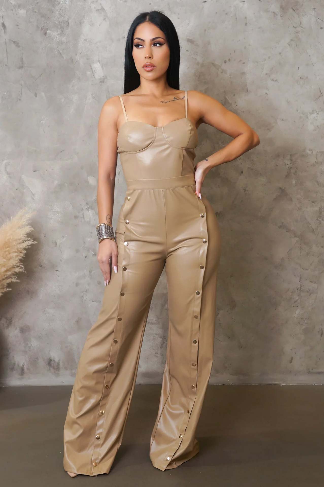Women's PU Leather Strap Sleeveless Wide-Leg Jumpsuit 7