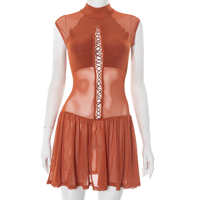 Women Spring and Summer Half-high Neck Lace-up Hollow Lace-Up Patchwork Mesh Pleated Dress 8