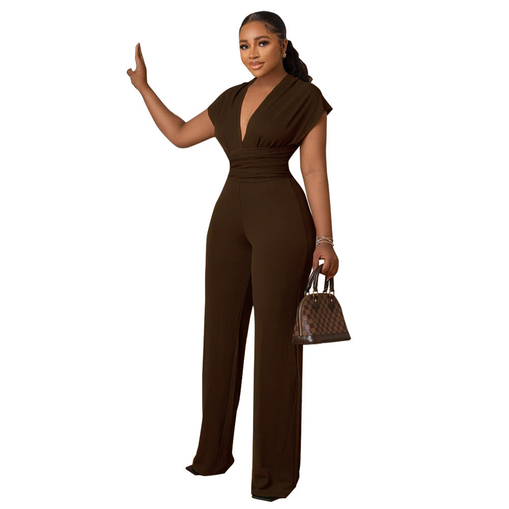 Women Solid V-neck Slim Short Sleeve Jumpsuit 19