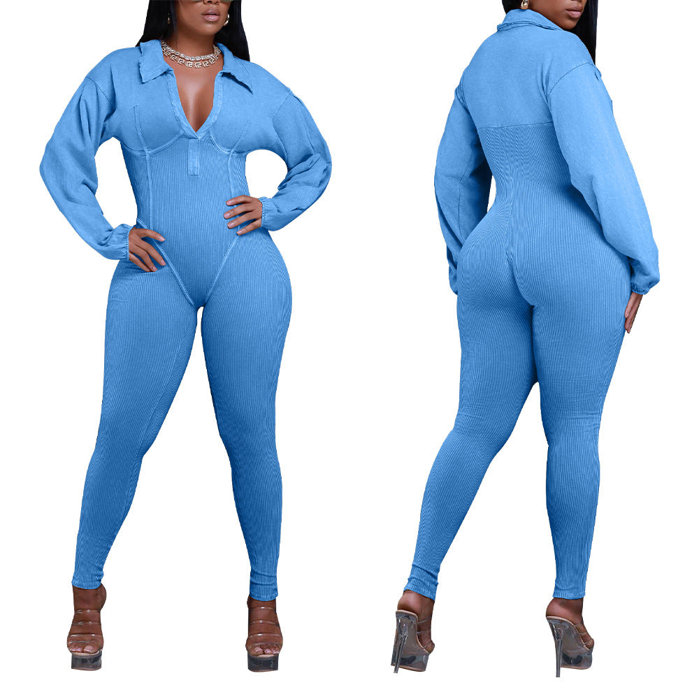 Autumn And Winter Women's V-Neck Long Sleeves Tight Fitting Patchwork Jumpsuit 4