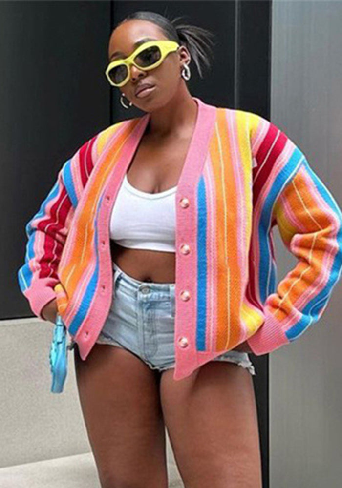 Autumn Women's Fashion Contrast Color Knitting Striped Long Sleeve Cardigan Loose Casual Top 3