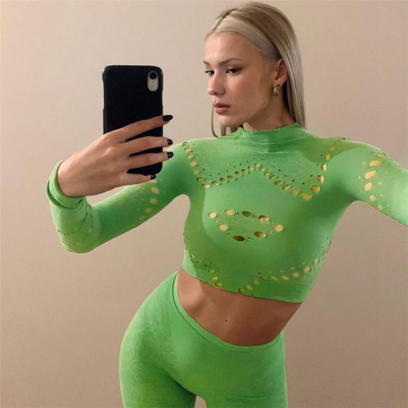 Fall Women's Sexy Round Neck Cutout Tight Fitting Top High Waist See-Through Casual Pant Set 5