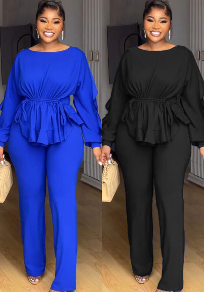 Women elegant lace drawstring long sleeve Top and Pants Two-piece Set