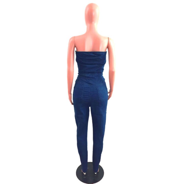 Summer Blue Button Strapless Denim Jumpsuit 6
