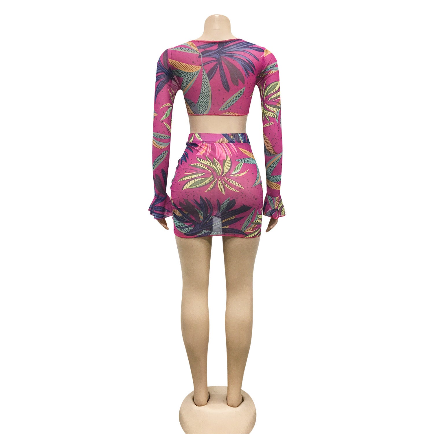 Women Printed V-Neck Lace-Up Long-Sleeved Top and Drawstring Skirt Two-Piece Set 25