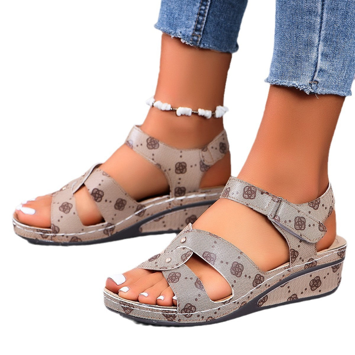 Summer Round Toe Wedge Ankle Strap Printed Sandals 8