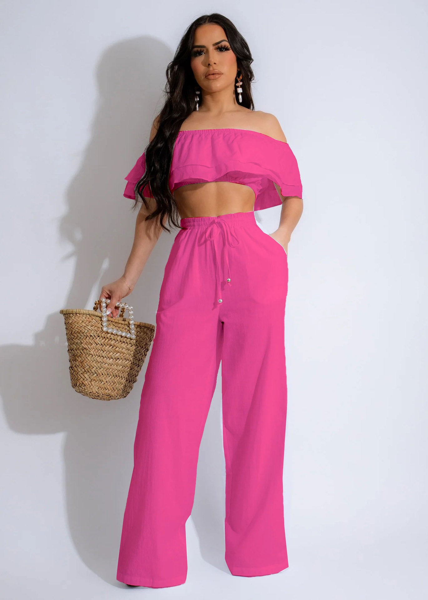 Women Casual Ruffled Top and Pants Two-piece Set 3