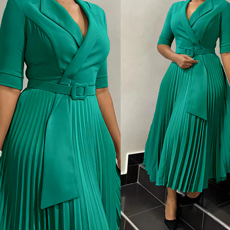 Women Turndown Collar Pleated Solid Dress 11