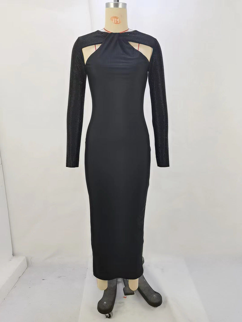 Autumn Sexy Tight Fitting Hollow Beaded Long Sleeve Patchwork Dress 15