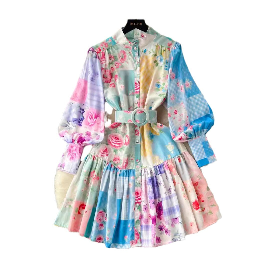 Women Stand Collar Lantern Long Sleeve Ruffle Printed Dress 6