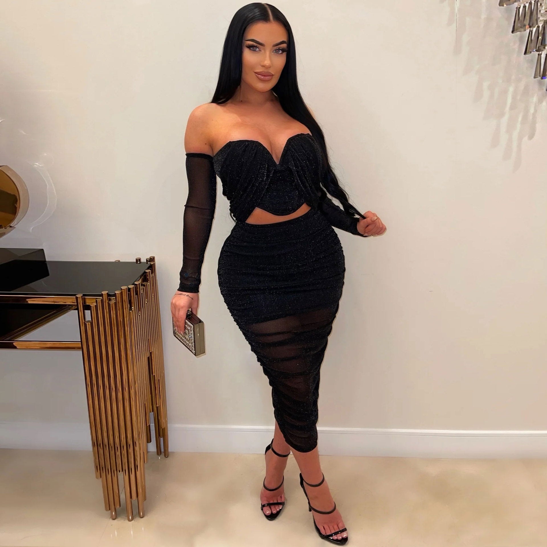 Sexy off shoulder pleated two piece skirt set nightclub wear 4