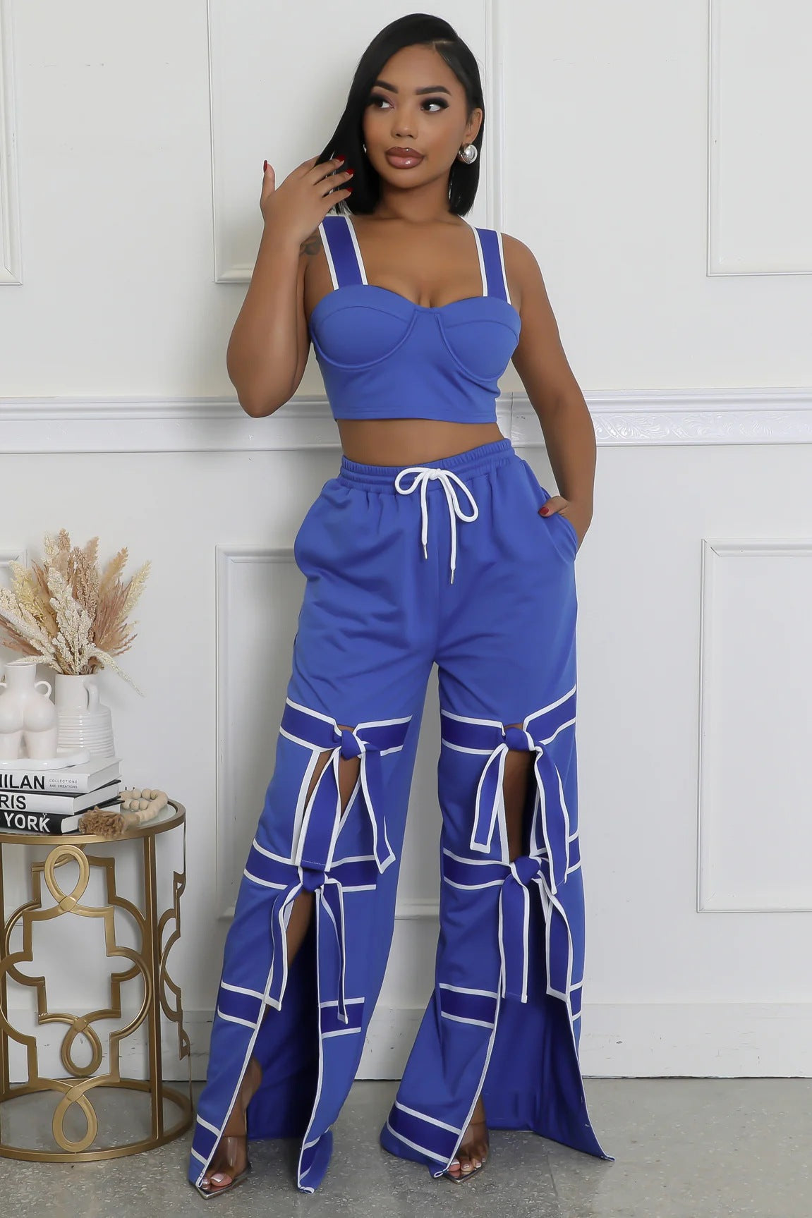Women's Strap High-Waist Lace-Up Fashion Two Piece Pants Set 8