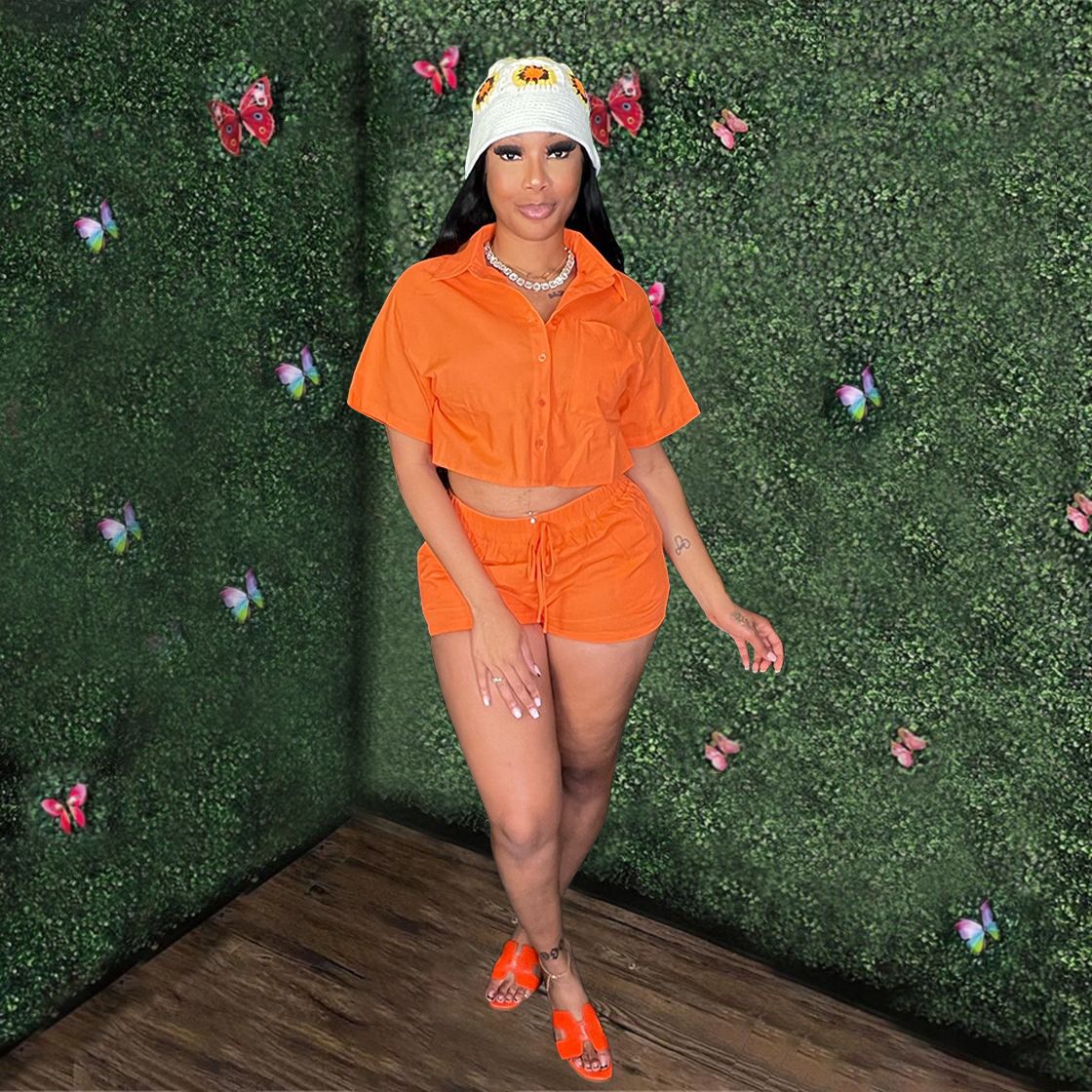 Ladies Short Sleeve Shirt Set Elastic Pocket Shorts Two-Piece Set 15